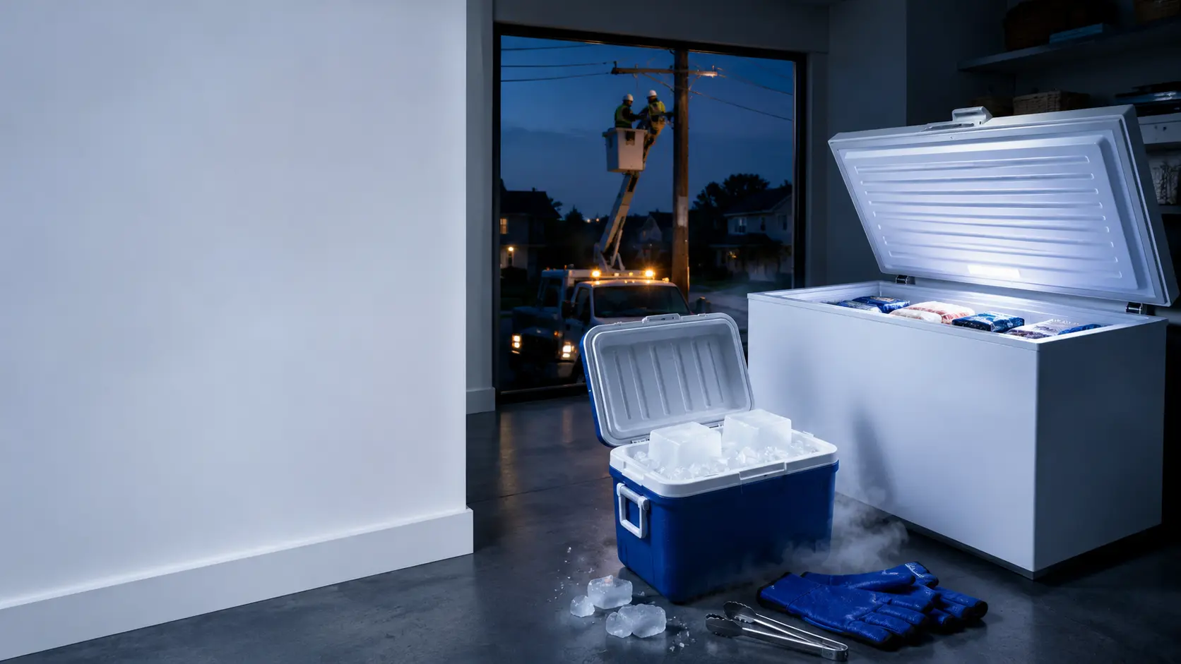 Dry ice stored beside an open freezer while utility crews restore power outside